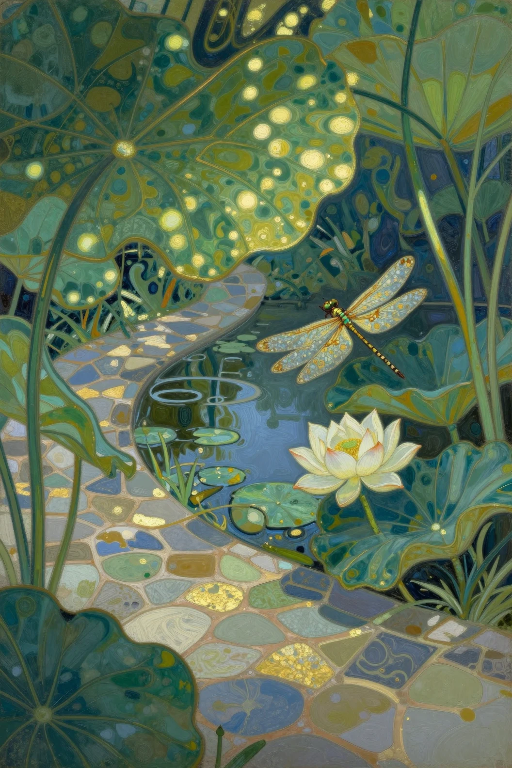Una libellula si posa su un loto in un giardino Art Nouveau