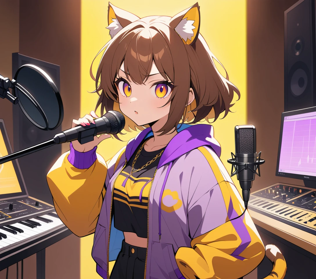 Rapper de anime diante de um microfone em um estúdio de gravação