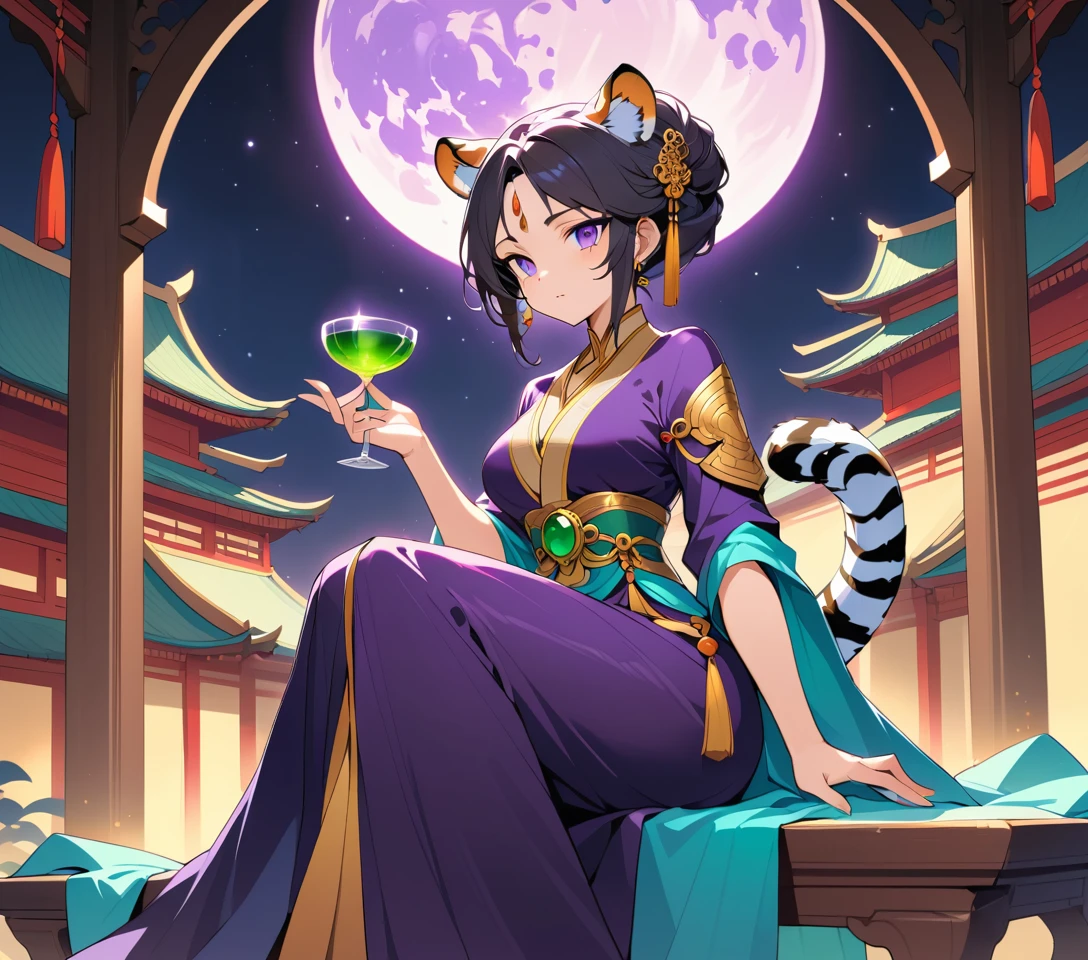 Uma mulher híbrida de tigre em estilo anime segura uma taça de vinho de jade na varanda de um palácio sob o luar