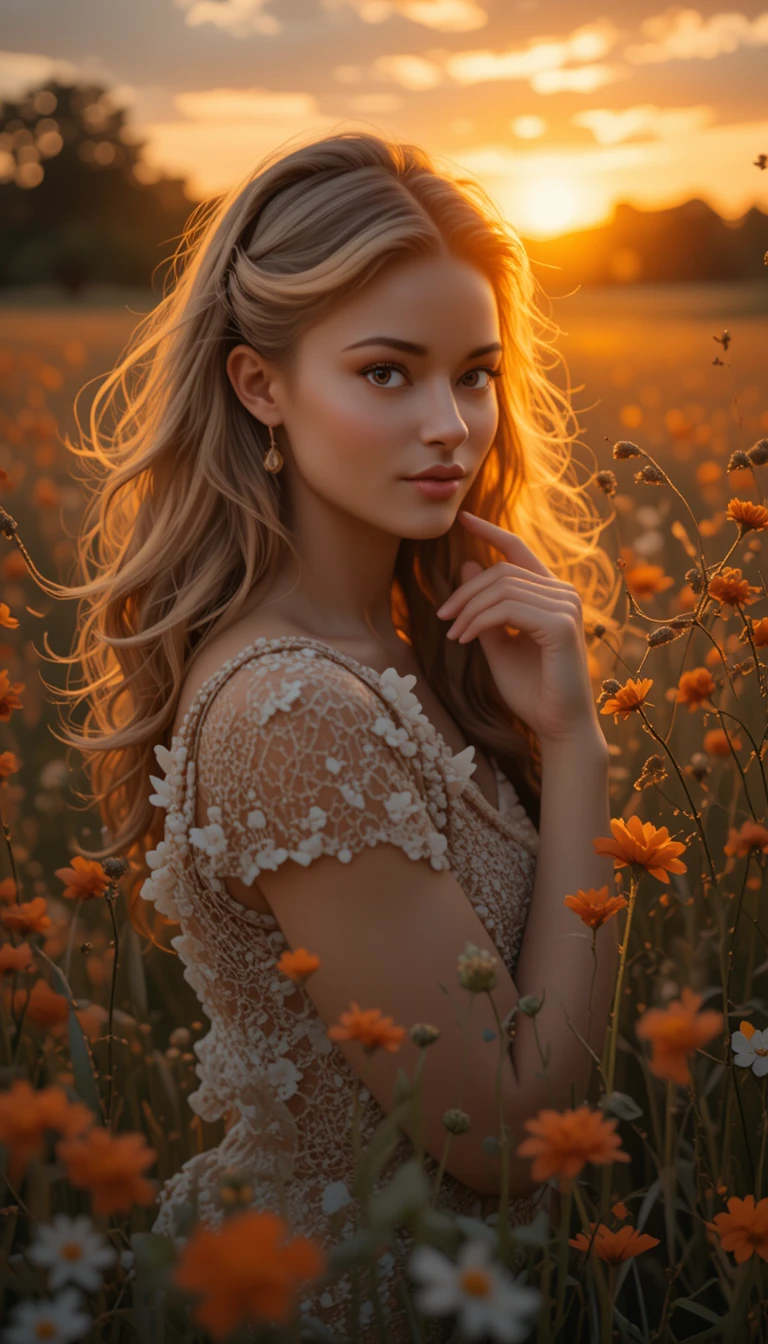 Uma mulher de cabelos cacheados entre flores silvestres em um campo ao pôr do sol