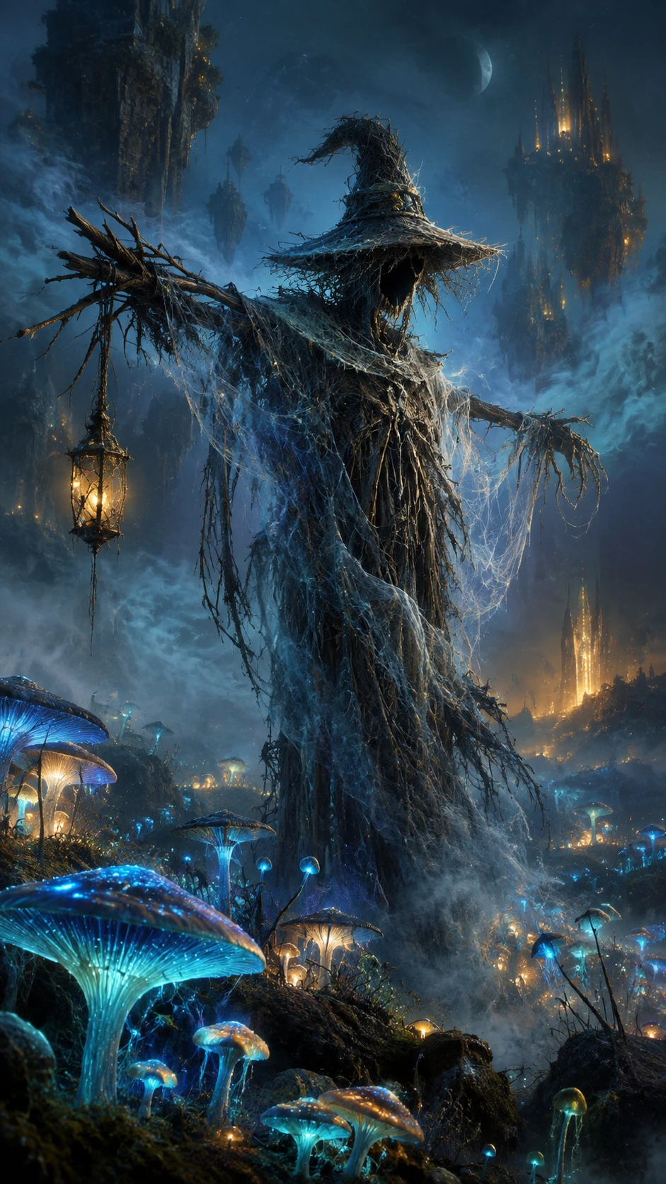 Um espantalho espectral vigia um campo enevoado repleto de fungos brilhantes