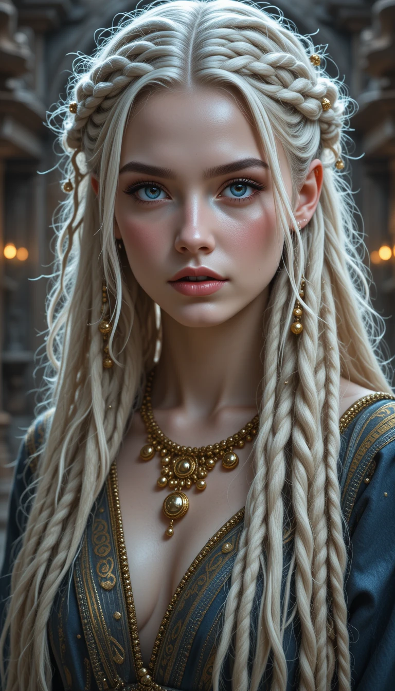 Jeune femme nordique aux tresses dreadlocks platine et aux perles dorées