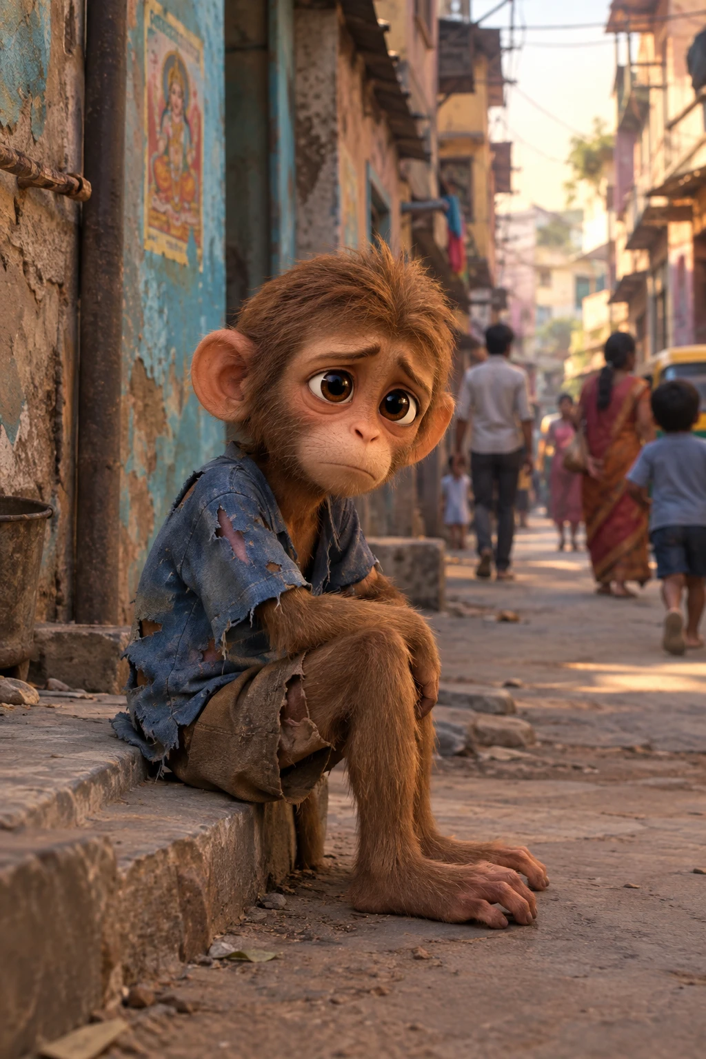 Um macaco solitário sentado ao lado de uma rua estreita em uma cidade indiana