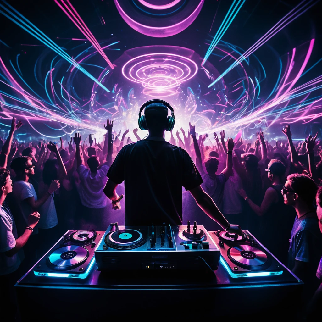 Un DJ mixa brani mentre i ravers ballano sotto uno spettacolo di luci al neon in discoteca