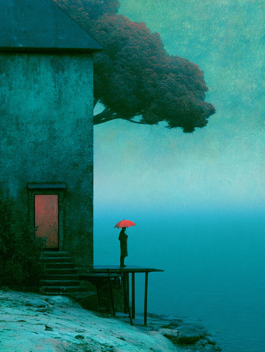 Un paisaje urbano surrealista en tonos oscuros intensos y pictóricos
