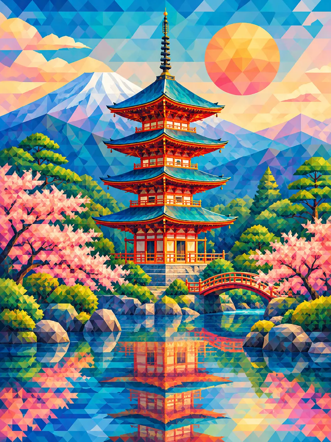 Eine Pagode in einer friedlichen Landschaft aus bunten Dreiecken