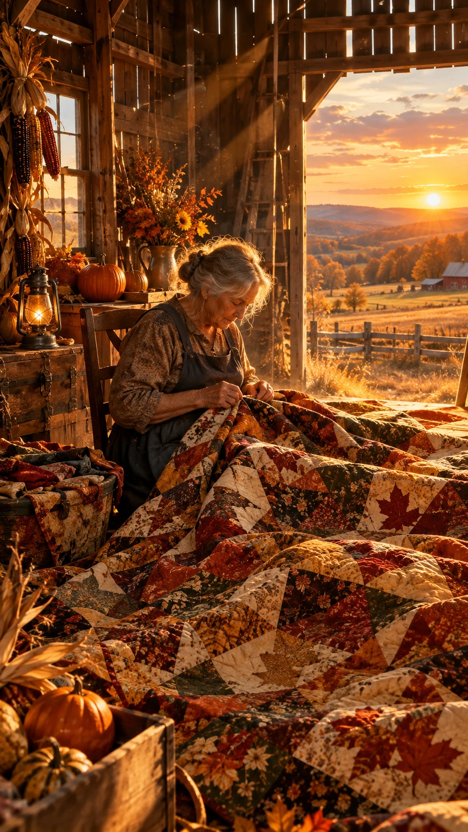 Uma artesã idosa faz uma colcha num celeiro ao pôr do sol