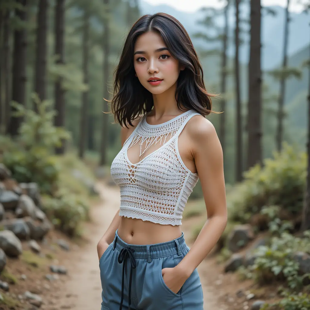 山林步道上的自信年輕女子，身穿鉤針編織上衣