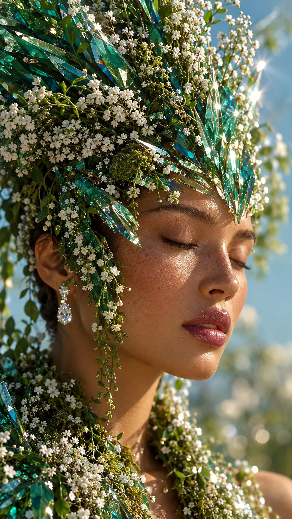 Uma mulher serena usa uma coroa escultural de cristais e flores sob o céu azul