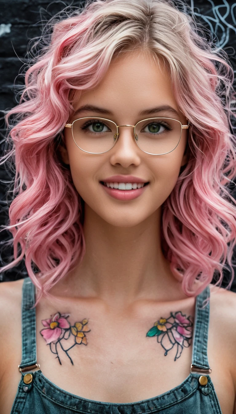 Uma jovem encharcada pela chuva, com cabelo cor-de-rosa, olha para a câmera