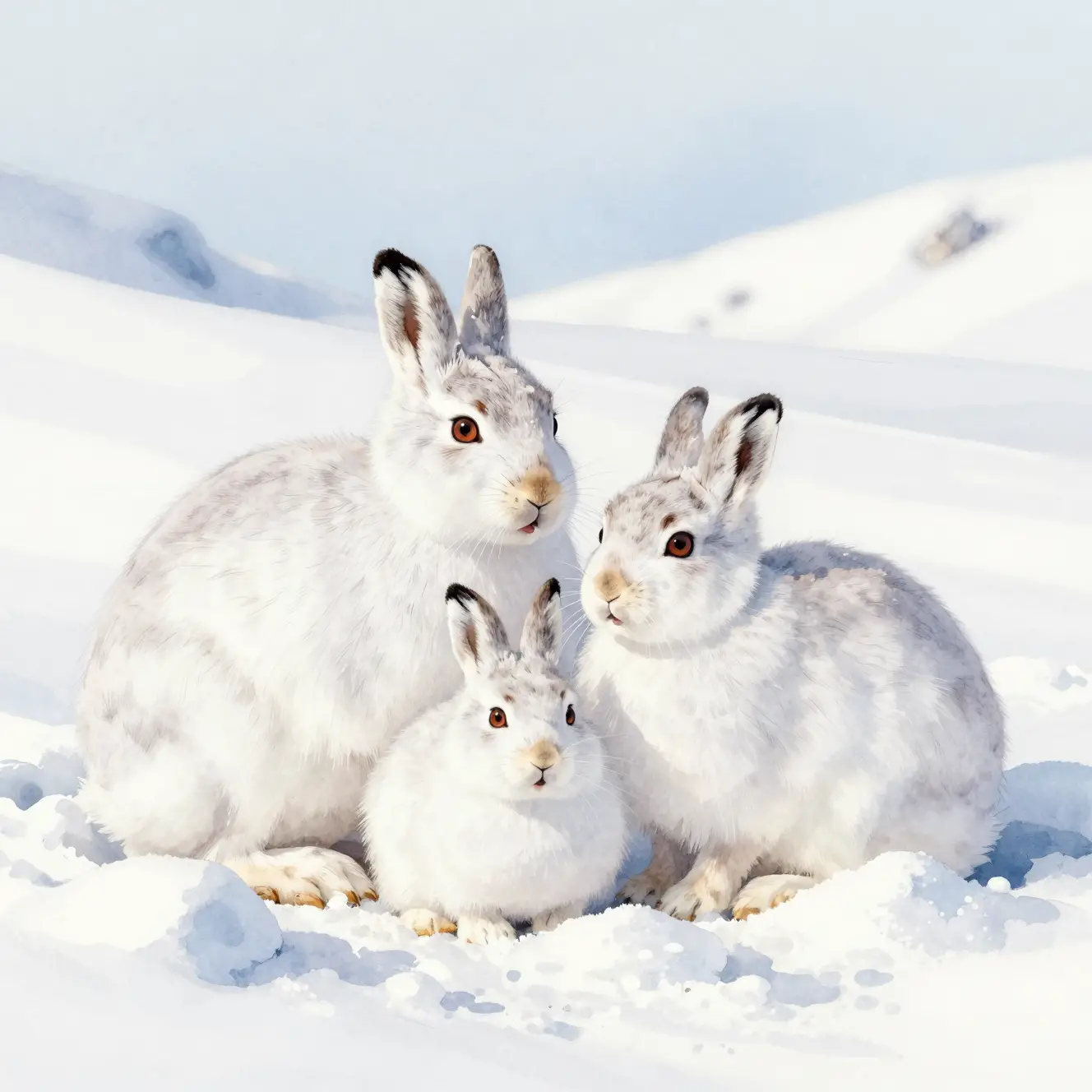 Polarhasen kuscheln sich in einer Schneeverwehung inmitten einer winterlichen Landschaft zusammen