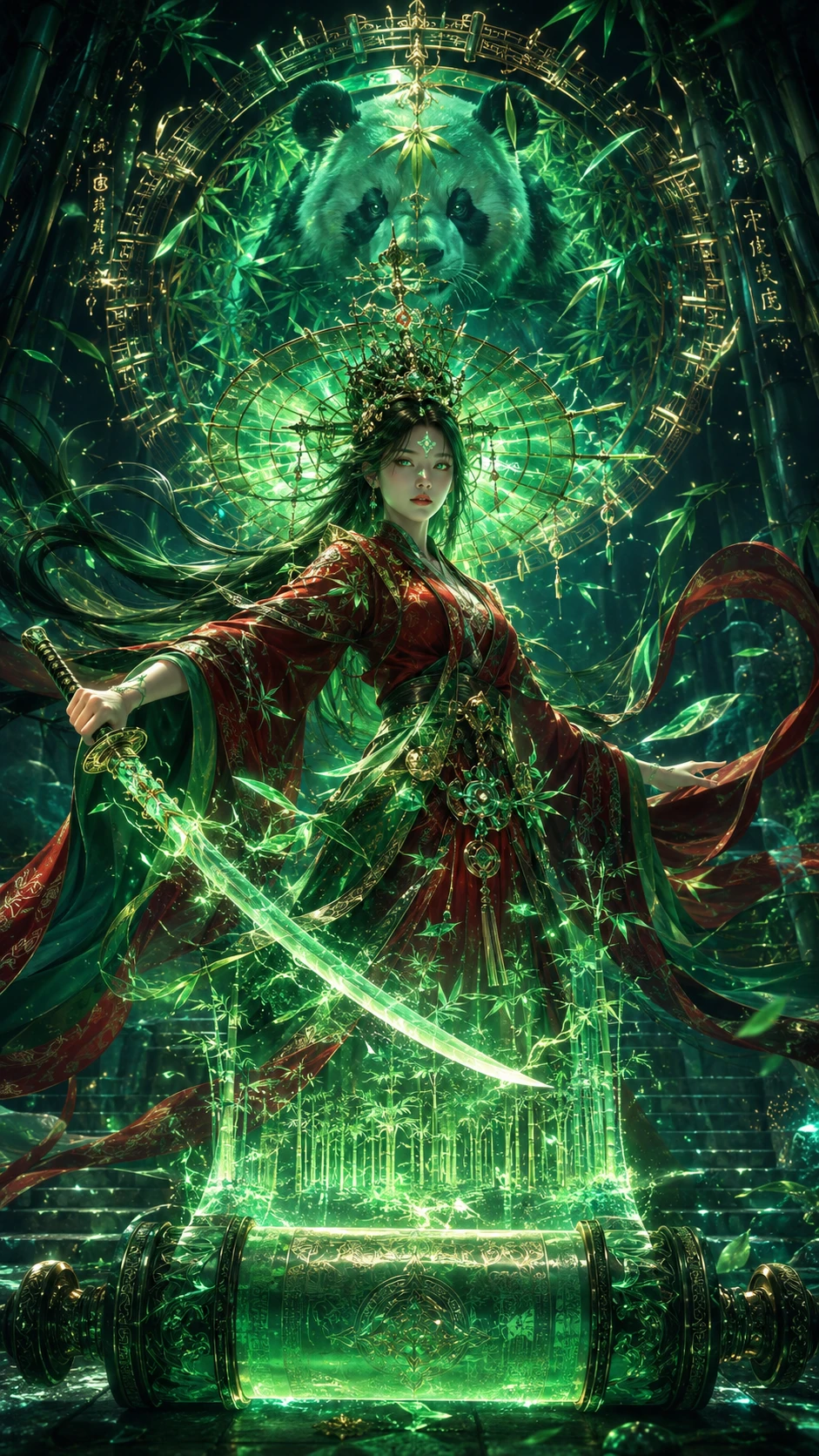 A fantasy swordswoman emerges from a glowing jade scroll