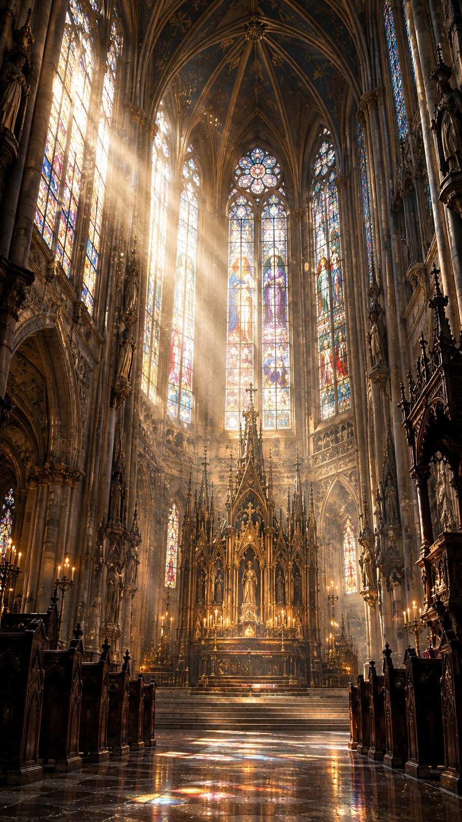 A Towering Cathedral Interior Illuminated by Stained Glass and Ethereal Light