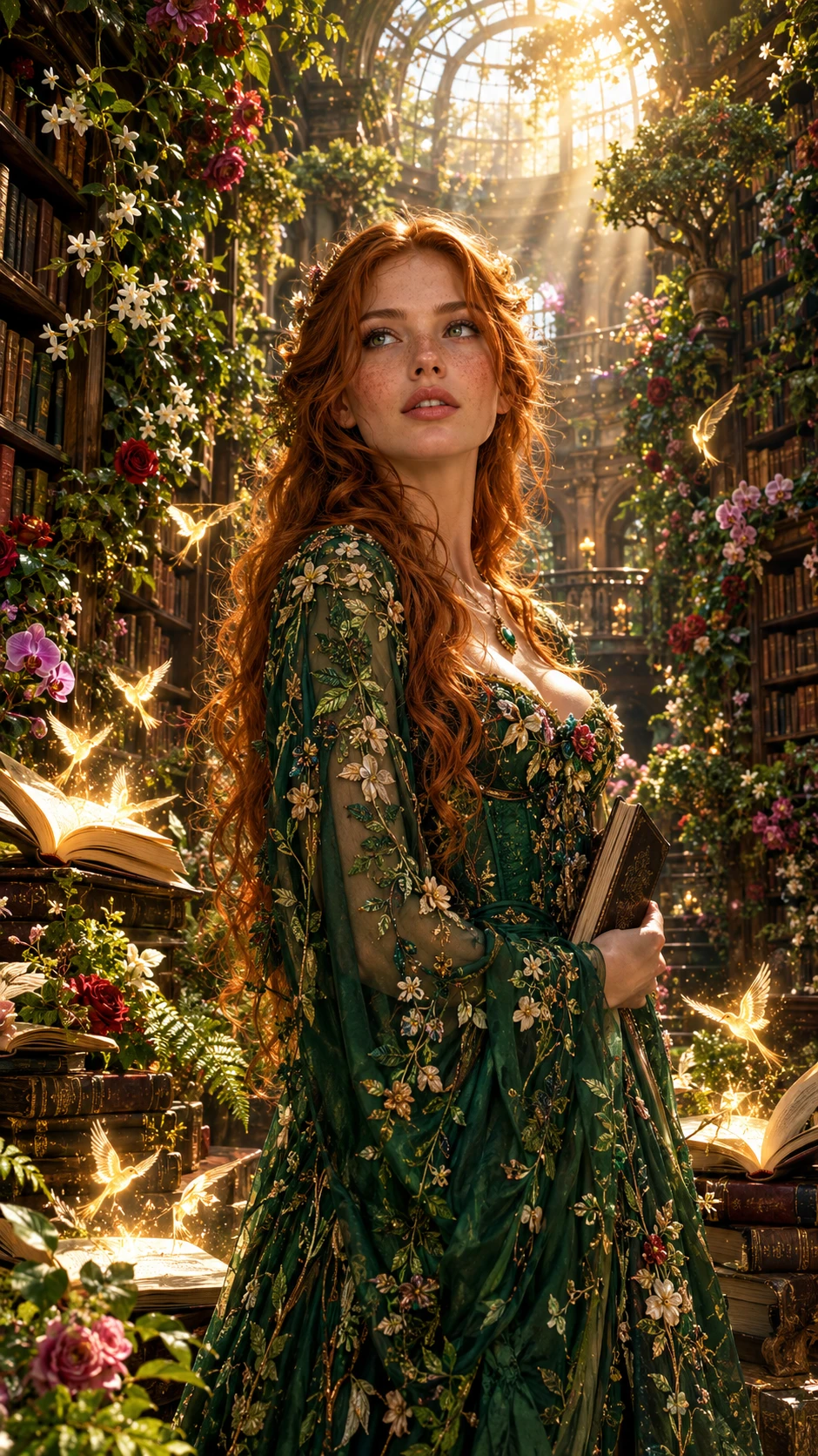 Uma mulher ruiva está num jardim secreto dentro de uma antiga biblioteca