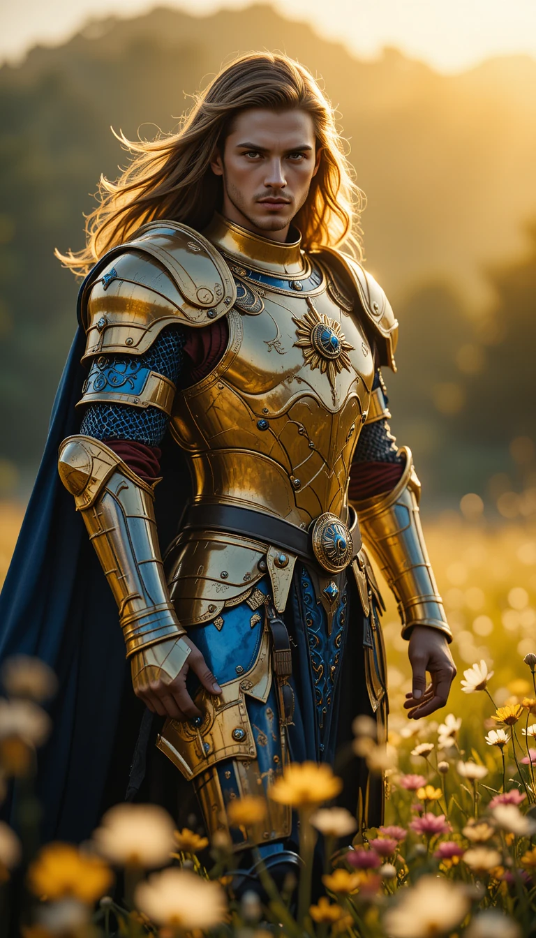 A resolute knight stands in a sunlit meadow wearing golden armor