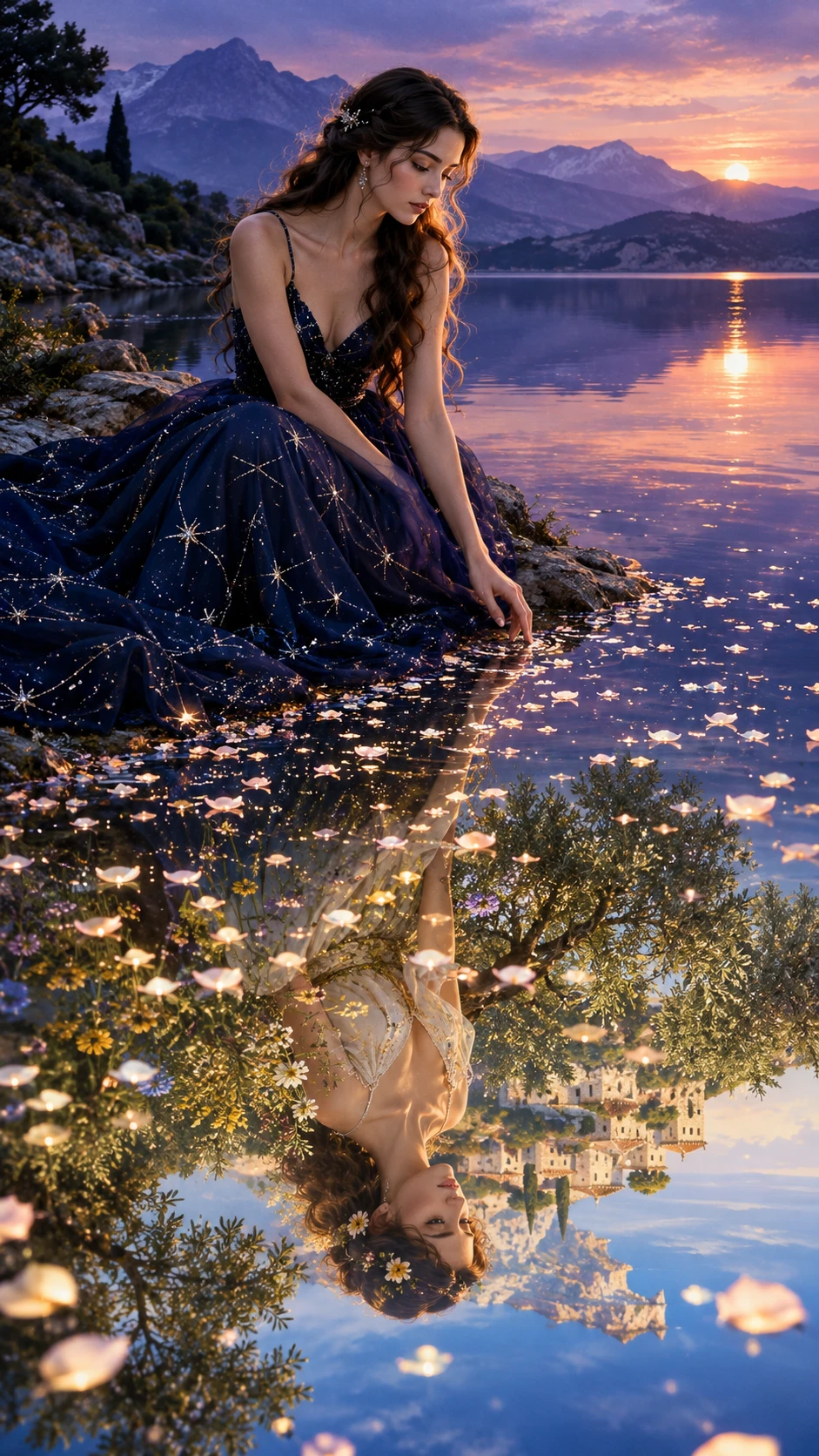Uma mulher está junto a um lago sereno ao anoitecer