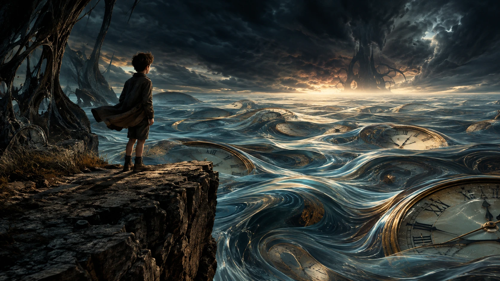 Um menino contempla do alto de um penhasco um oceano surreal de tempo em espiral