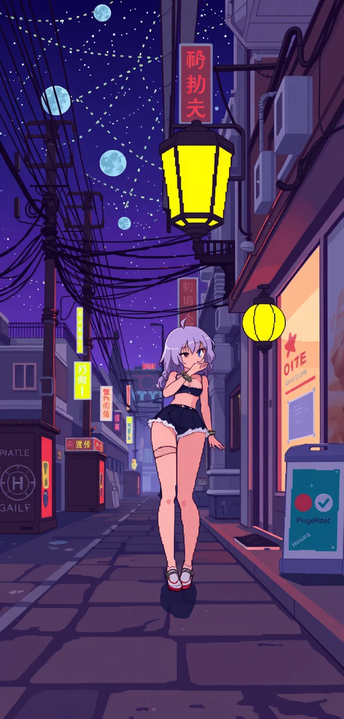 Garota em pixel art em uma rua de uma colônia espacial