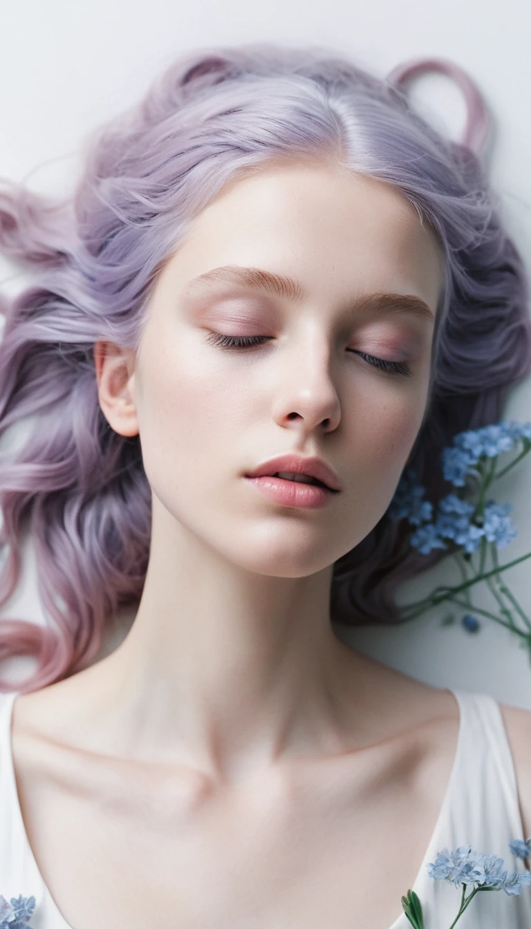 Uma jovem com cabelos rosa esvoaçantes sobre um fundo branco
