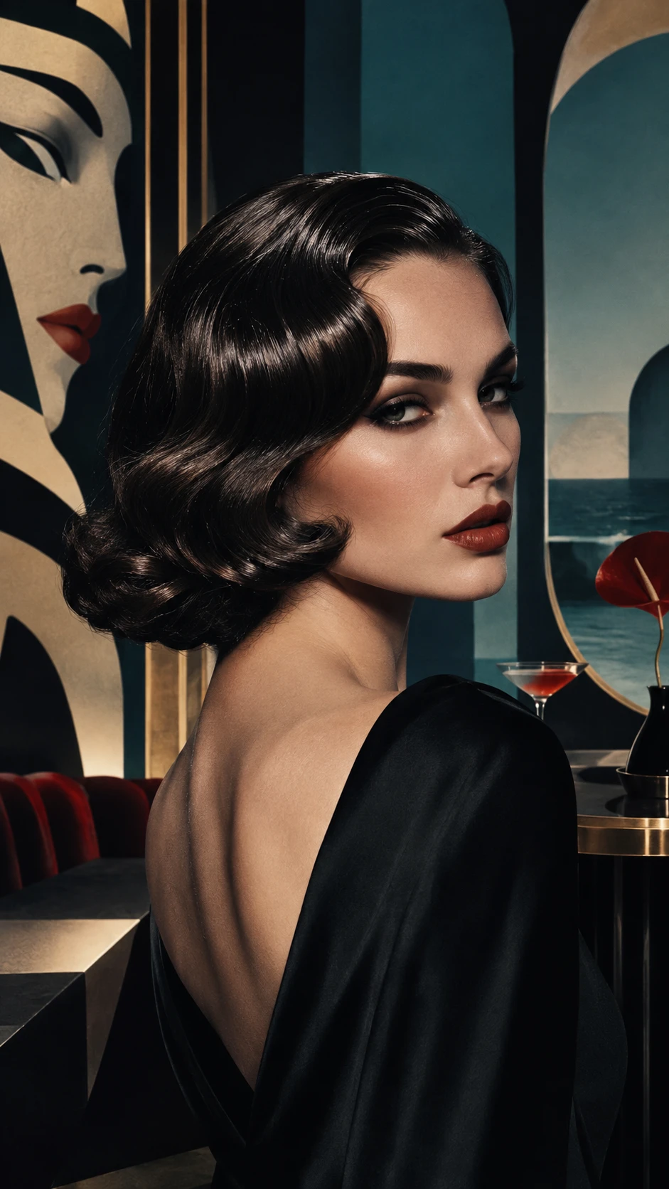 Uma mulher exibe o cabelo feito no salão em um retrato surrealista art déco