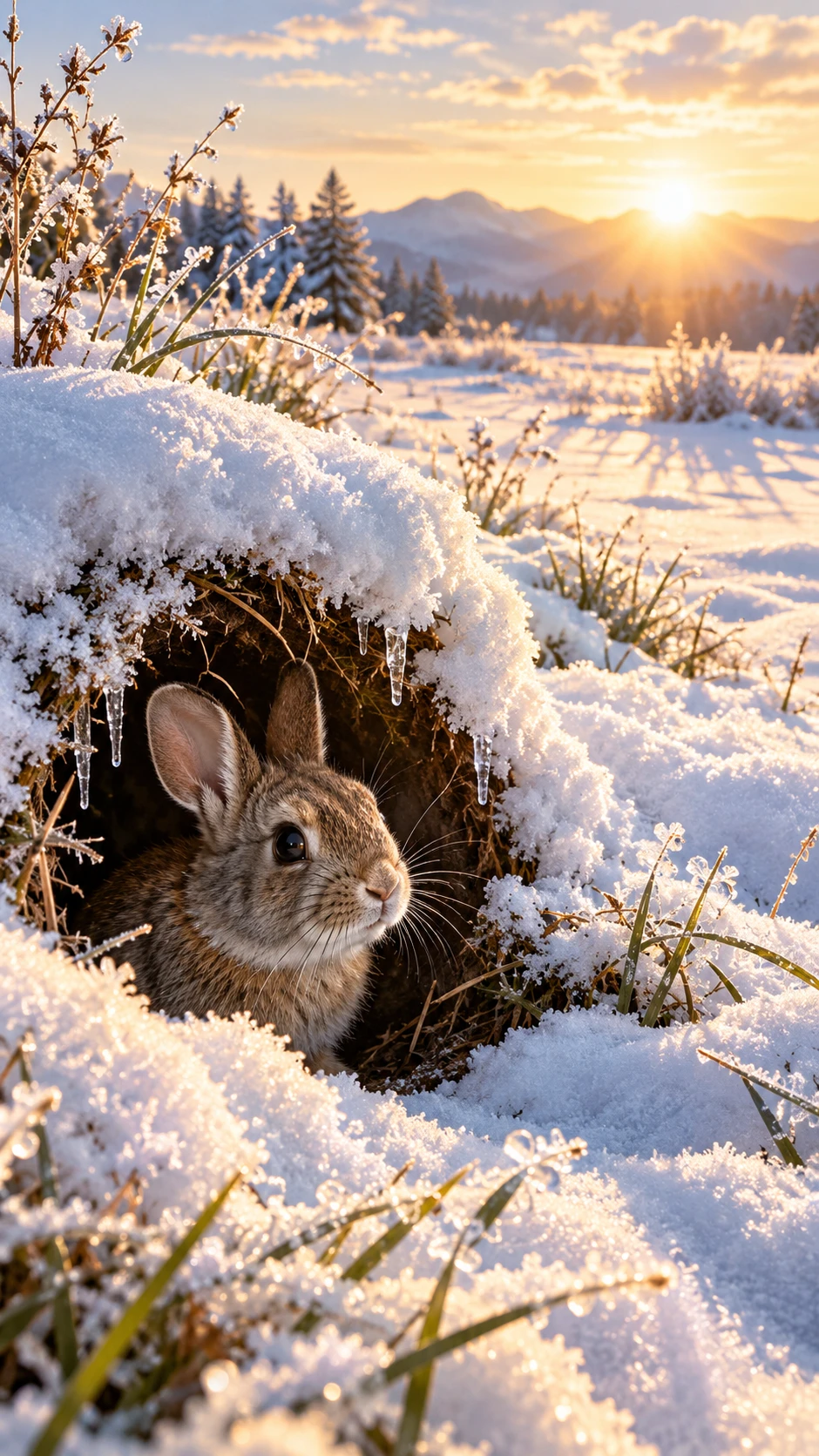 Un coniglio curioso fa capolino dalla sua tana innevata all’alba