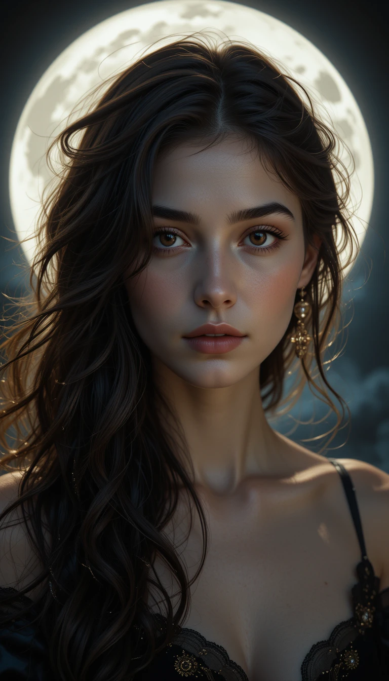 O rosto de uma mulher brilha sob a suave luz da lua em um retrato misterioso