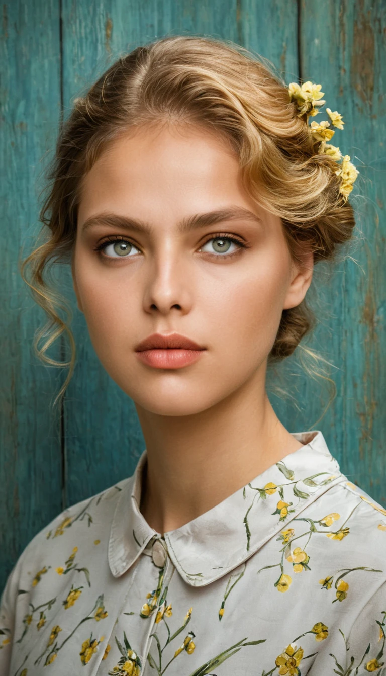 Retrato fotorrealista de uma mulher loira com um conjunto de cetim creme