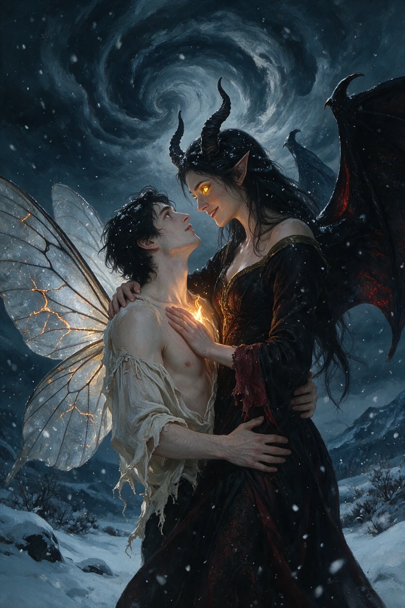Winged Man and Horned Demon Woman Embrace in a Snowy Night