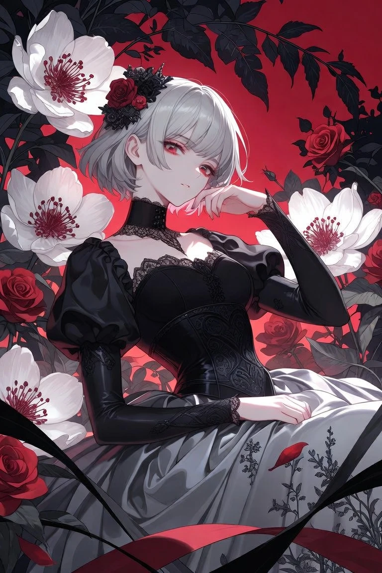 Uma mulher adulta de estilo gótico repousa entre flores brancas enormes e rosas vermelho-carmesim