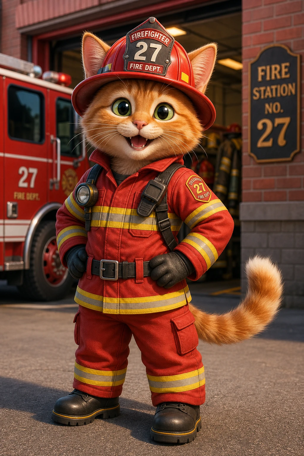 Um gato alegre fica de pé, usando um uniforme de bombeiro vermelho-vivo