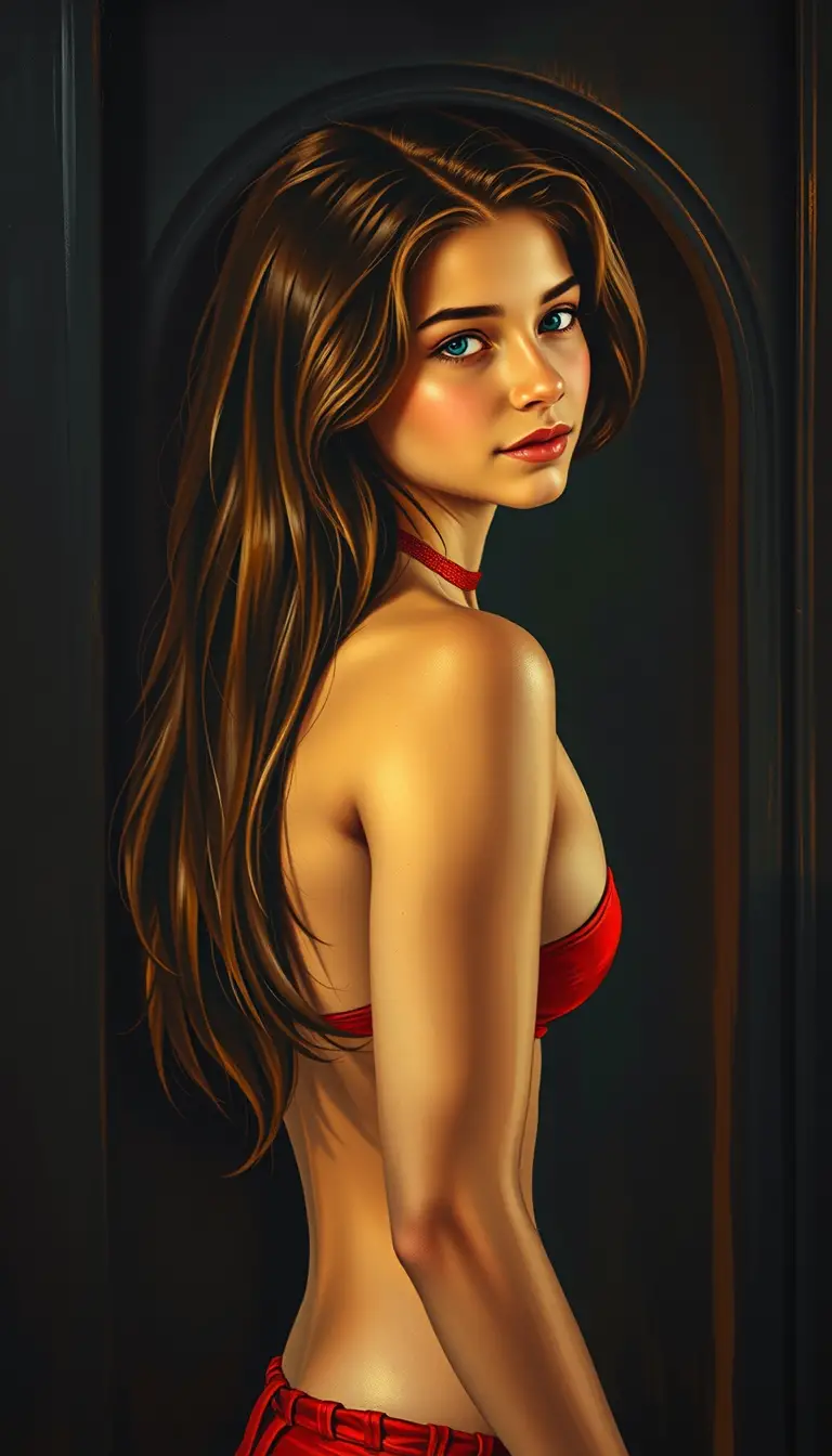 Donna in lingerie di pizzo rosso posa in una porta in penombra