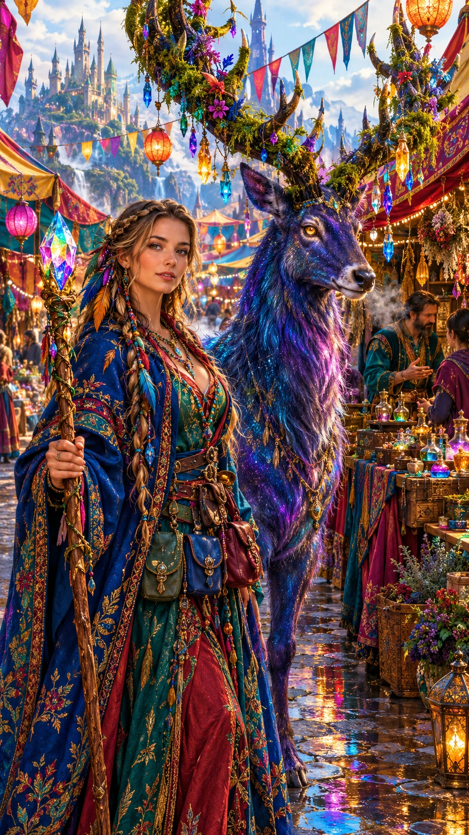 Uma mulher de um mercado fantástico está ao lado de um cervo com galhadas prismáticas