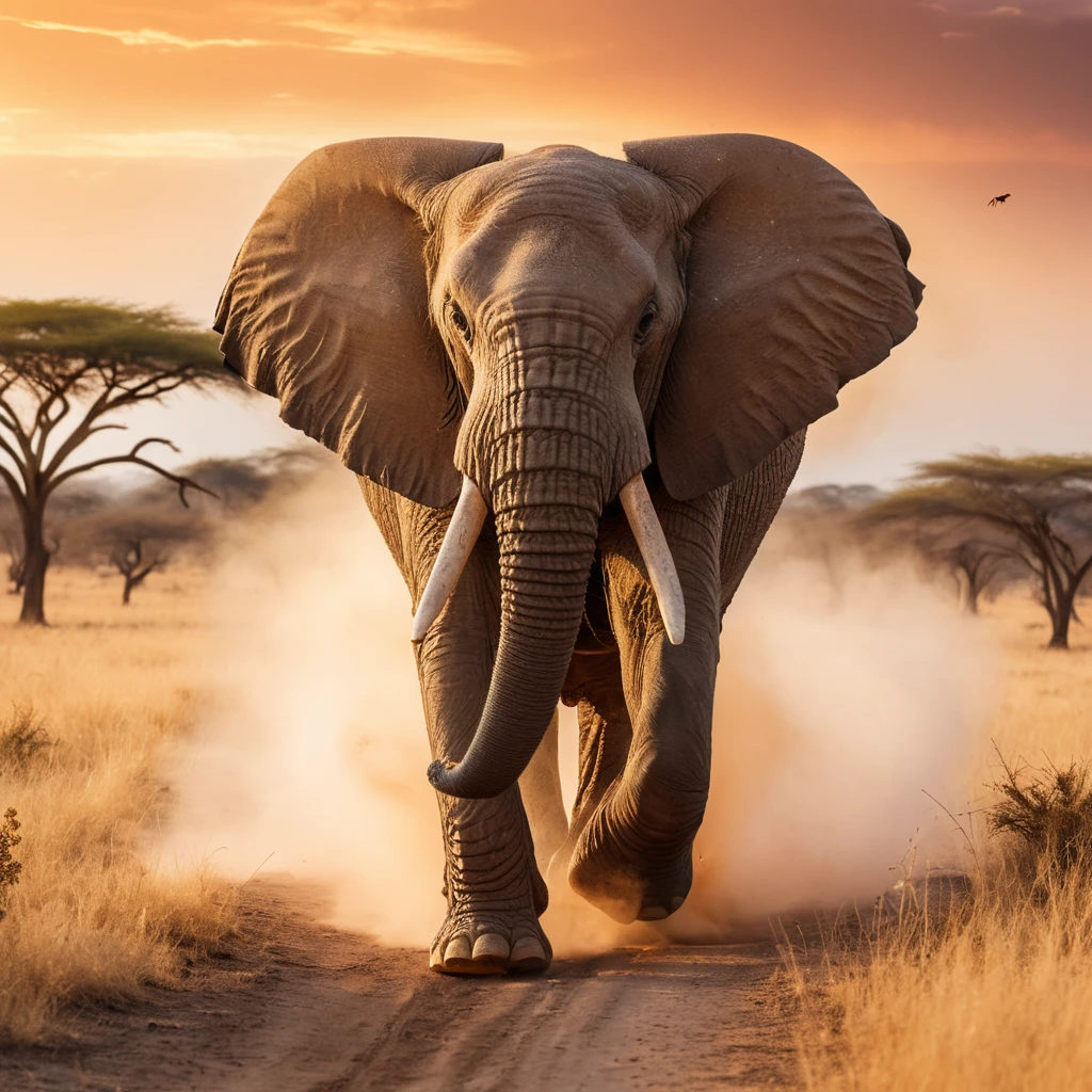 Un elefante africano attraversa la savana alla carica verso un topo spaventato