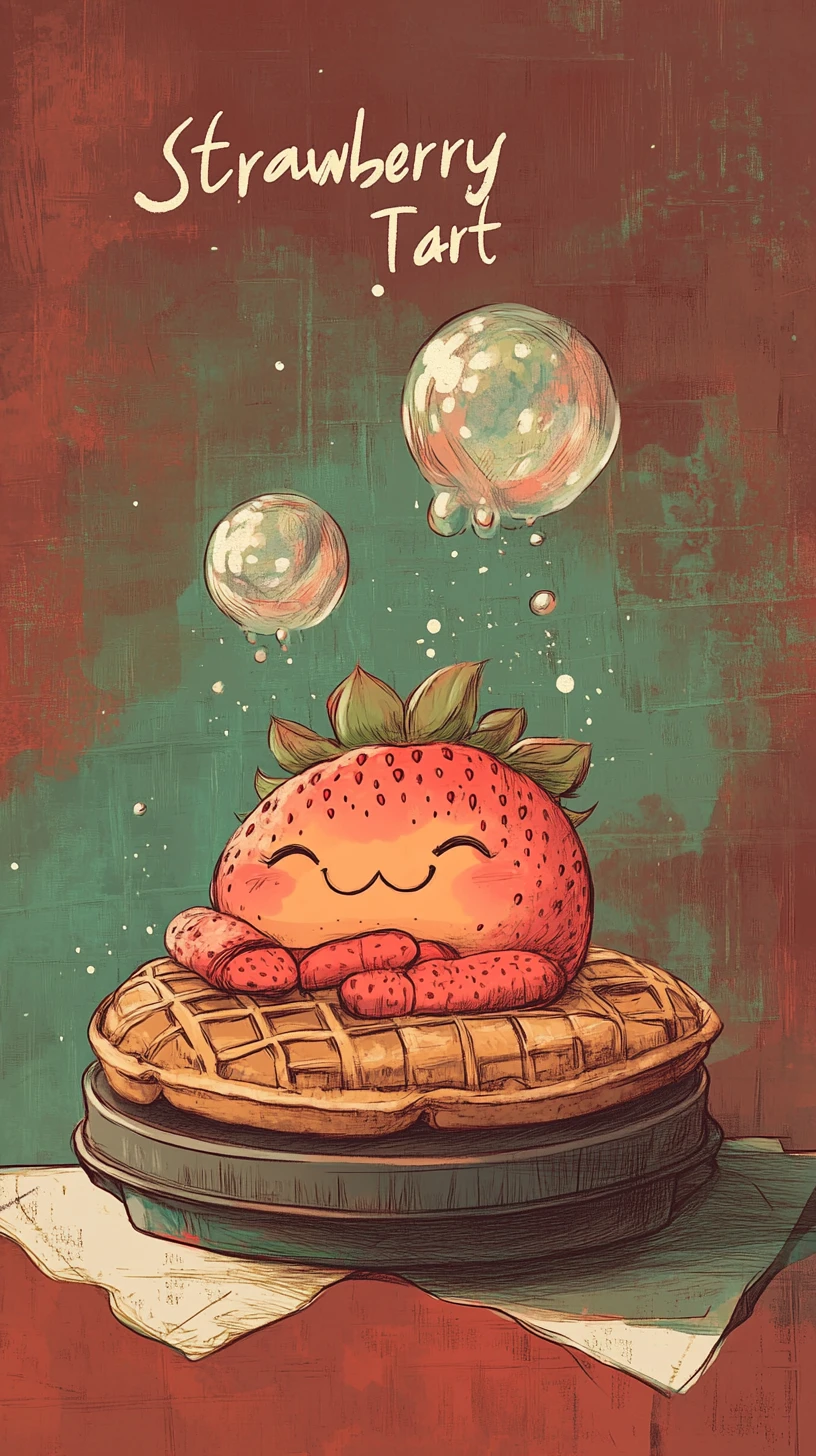 Uma personagem de morango sorridente tira uma soneca sobre uma máquina de waffles
