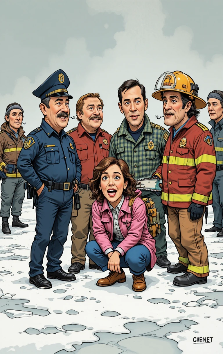 Des personnages de bande dessinée bravent le froid dans un paysage hivernal enneigé