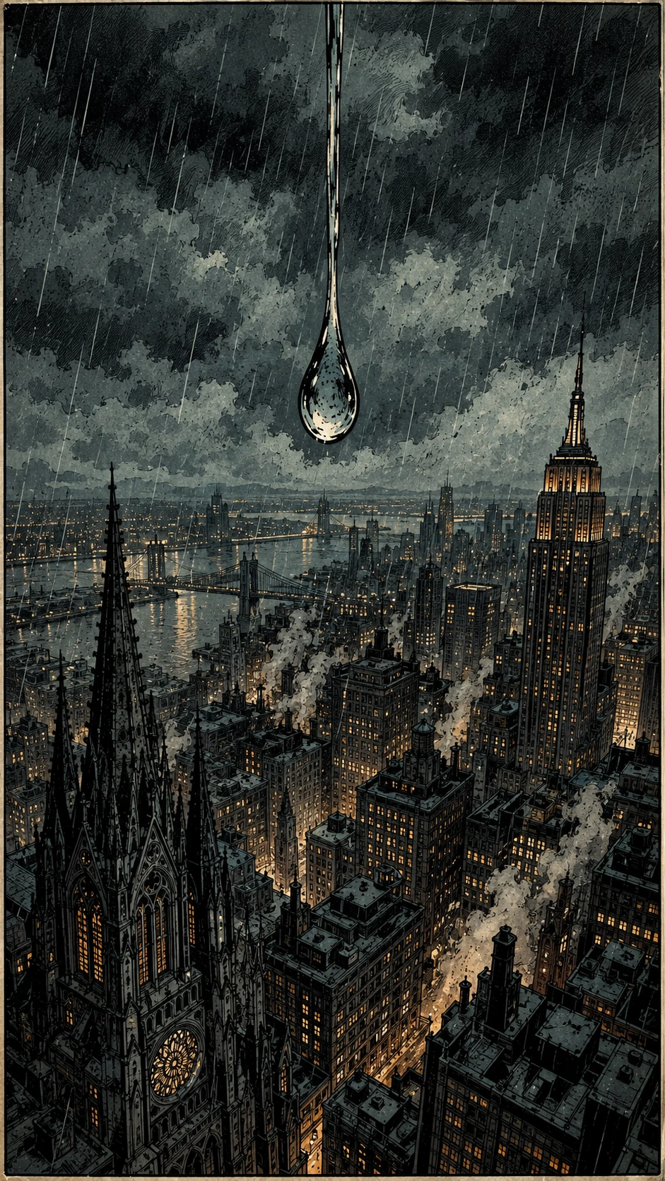 Ein regnerisches New York aus der Vogelperspektive im Stil eines Vintage-Comics