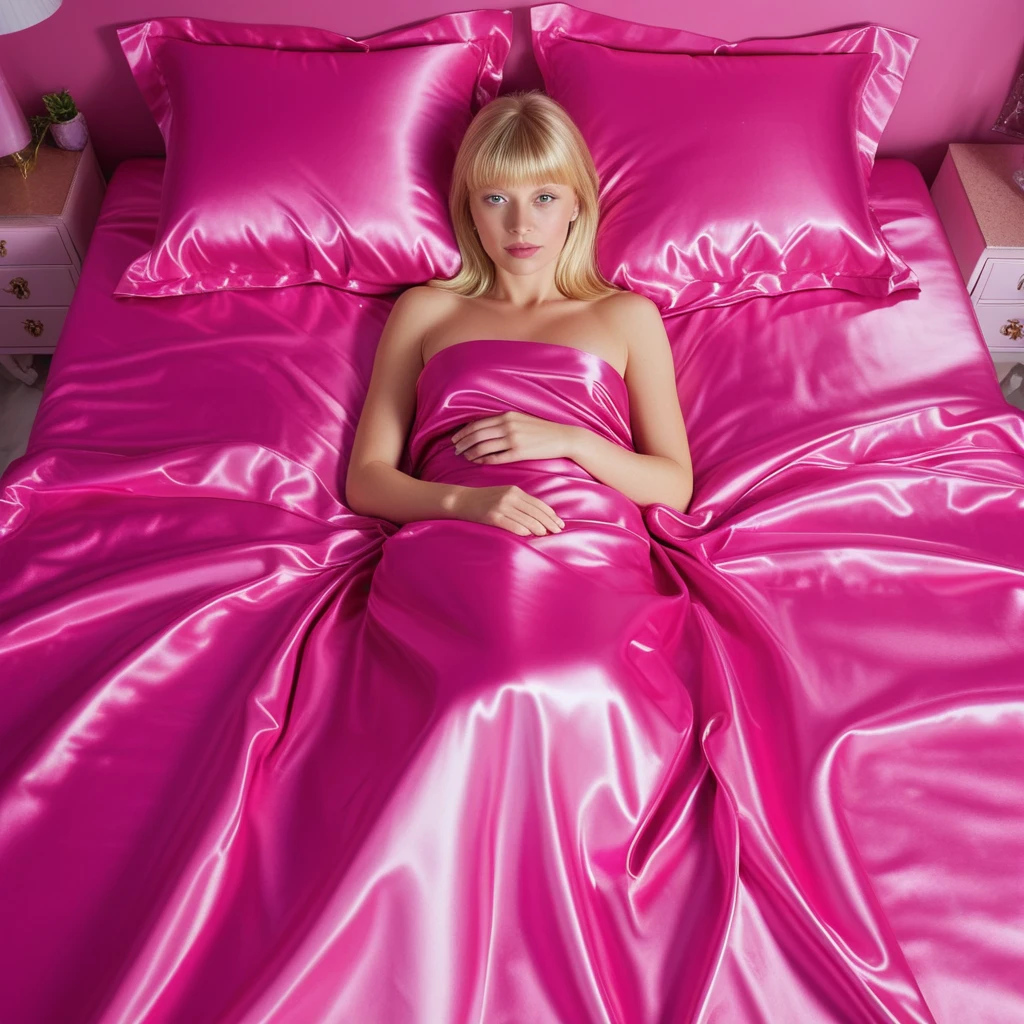 Uma mulher loira deitada sob roupa de cama de cetim rosa-choque brilhante