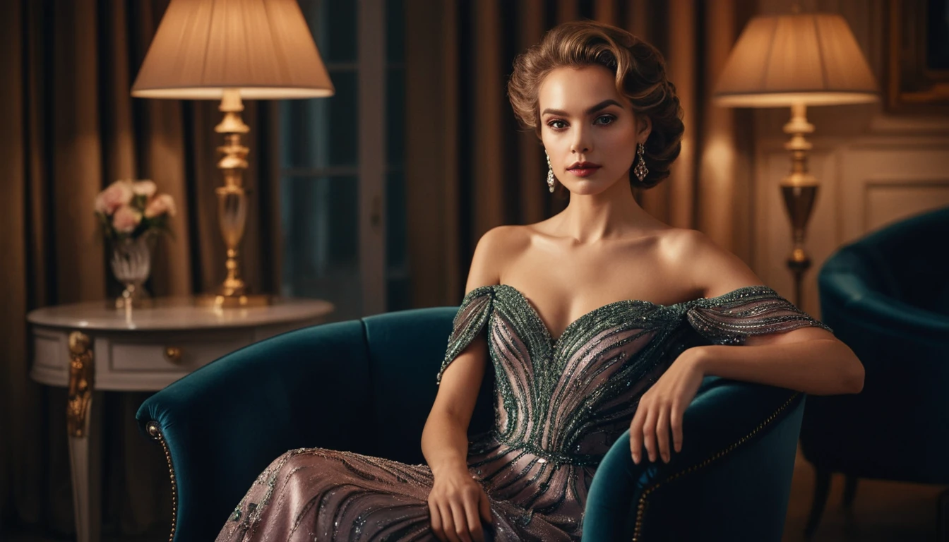 A young woman sits in a bedroom armchair wearing an off shoulder evening gown