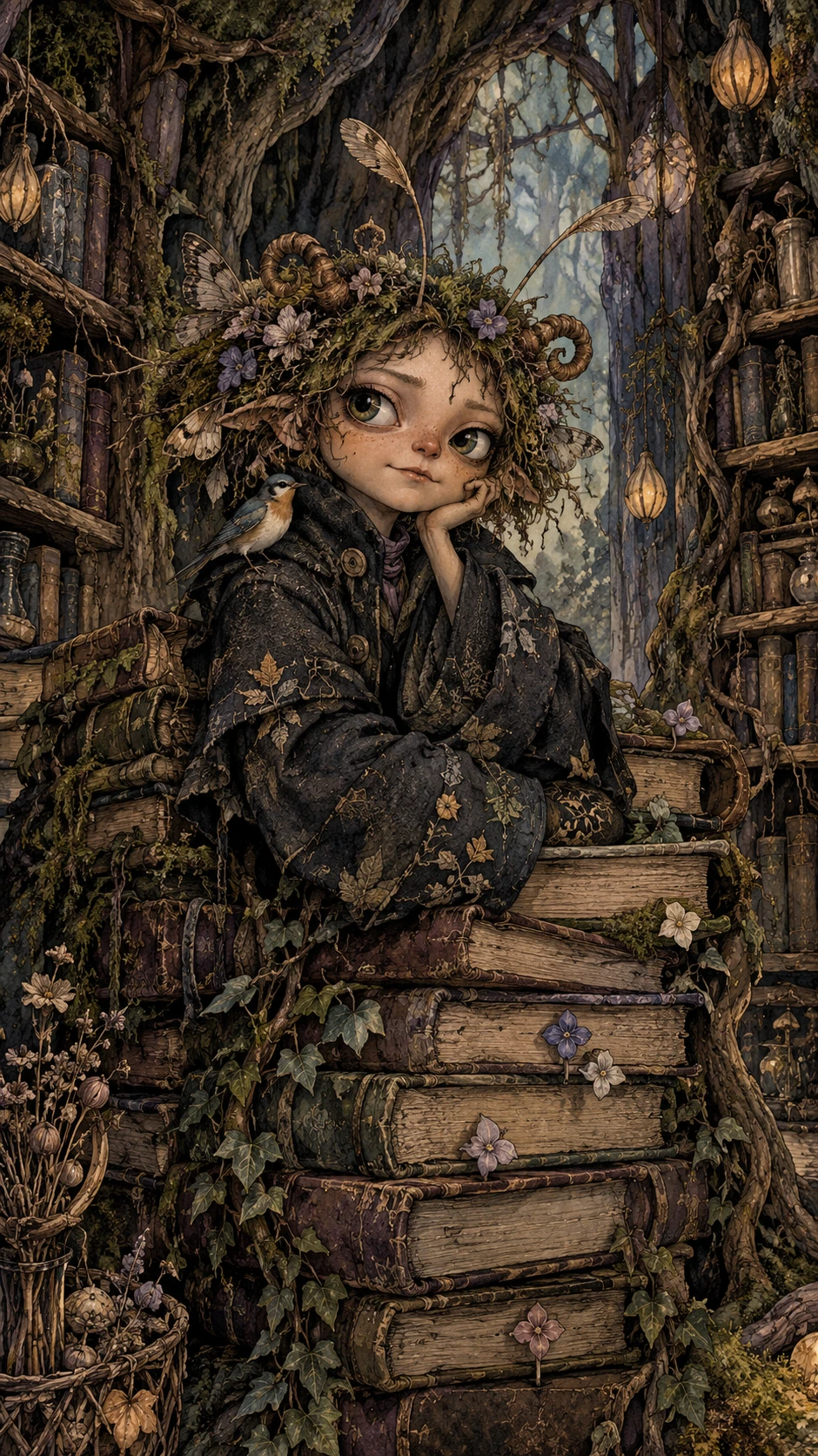 Um excêntrico bibliotecário da floresta senta-se entre uma pilha imponente de livros antigos cobertos de trepadeiras