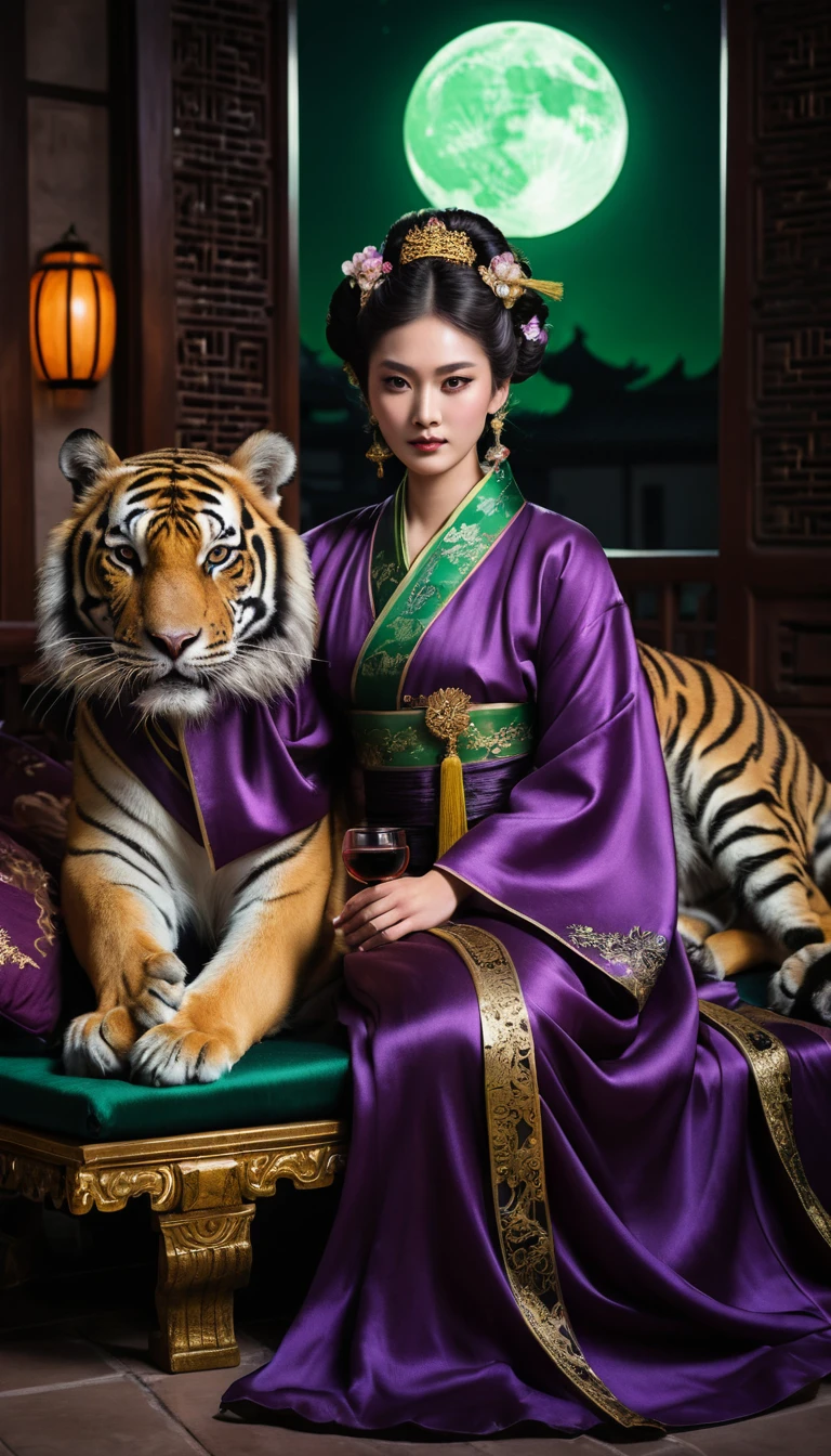Eine Tiger-Hybridfrau hält einen Jadeschalenbecher im Mondlicht des Palastes