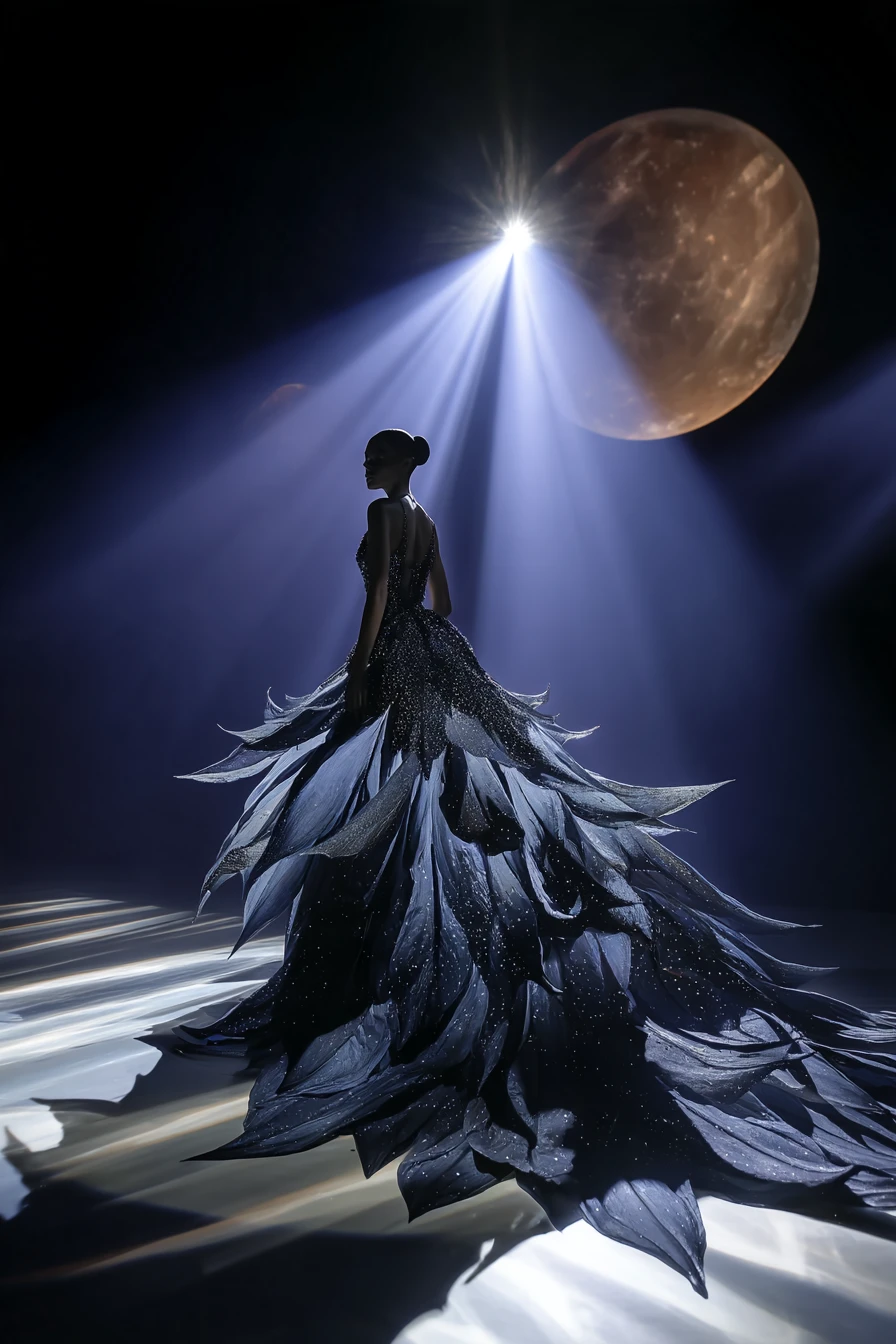 Modelo de moda posa em uma passarela iluminada pela lua com um vestido inspirado no cereus