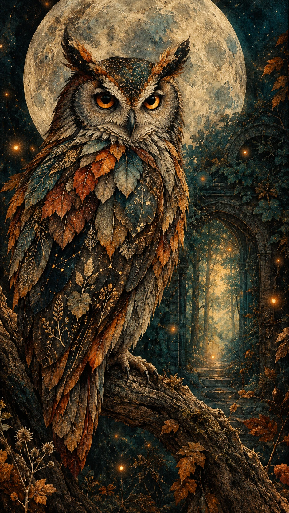 Un hibou imaginaire perché sur une branche ancienne sous une lune pâle