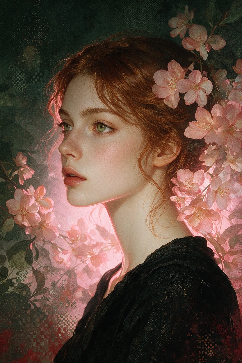 A Gothic Woman Framed by Flowers Against a Hazy Green Background
