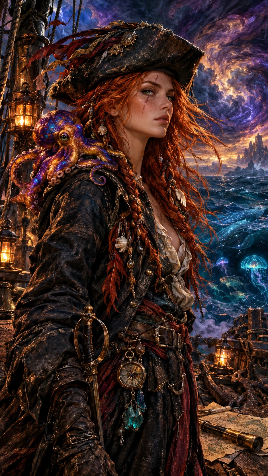 A copper-haired pirate woman with a silver scar across one eye