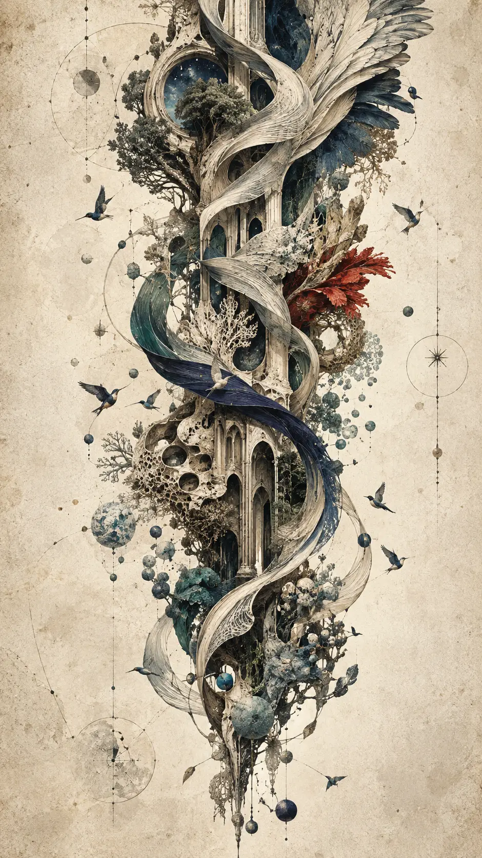 A Vertical Abstract Structure Carries Birds Through an Intricate Engraved World