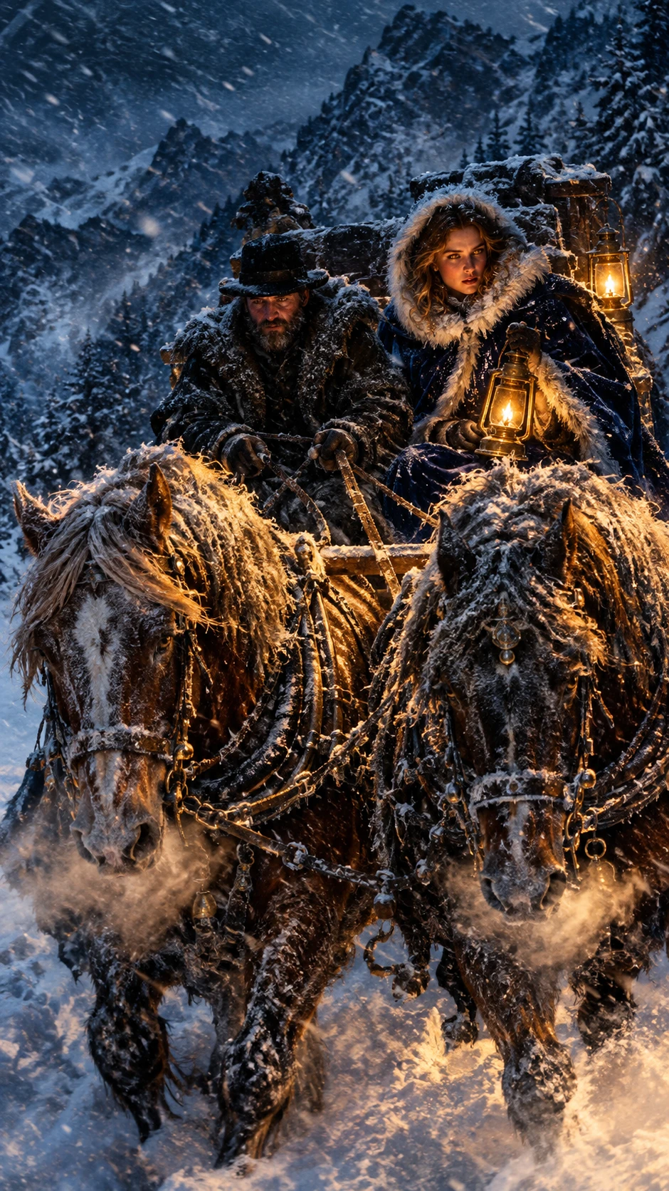Dois cavalos puxam um trenó de madeira por uma tempestade de neve na montanha