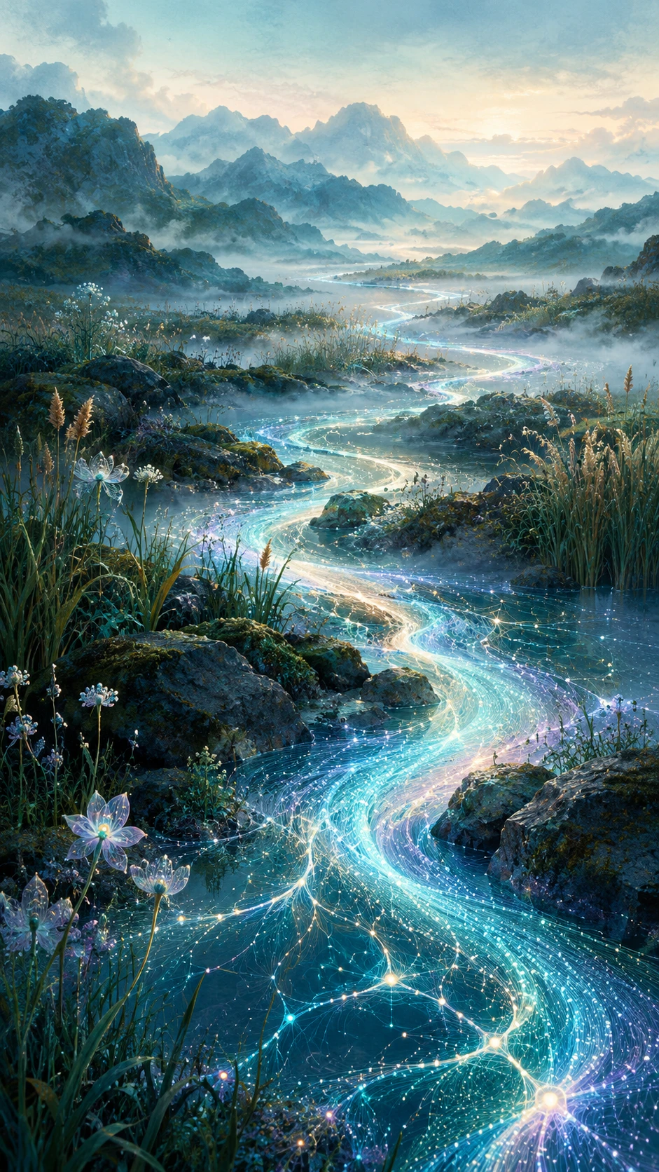 Um rio luminoso serpenteia por uma paisagem selvagem e tranquila de juncos e pedras