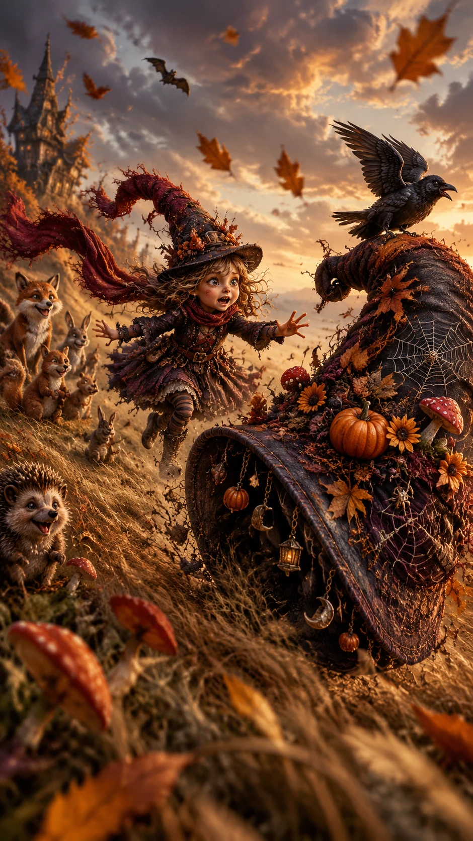 A Tiny Witch Chases Her Runaway Hat Across a Windy Autumn Meadow