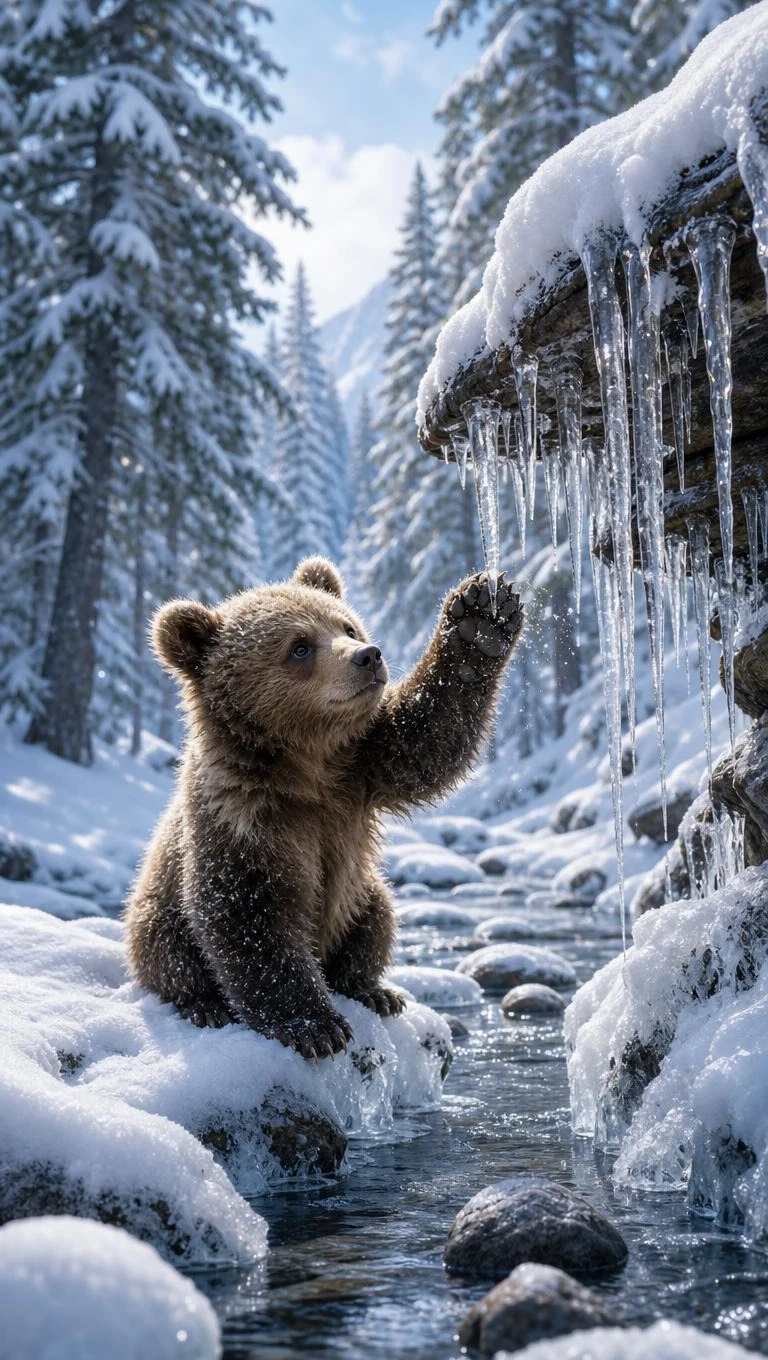 A curious bear cub bats at icicles beside a snowy forest stream