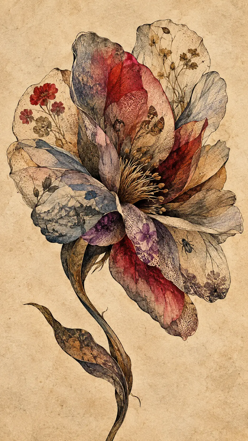 A surreal flower floats against aged paper in layered botanical detail